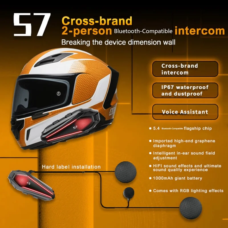 S7 PRO Motorcycle Helmet IP67 Waterproof Bluetooth-Compatible Headset Intercom with 2 in 1 Mic