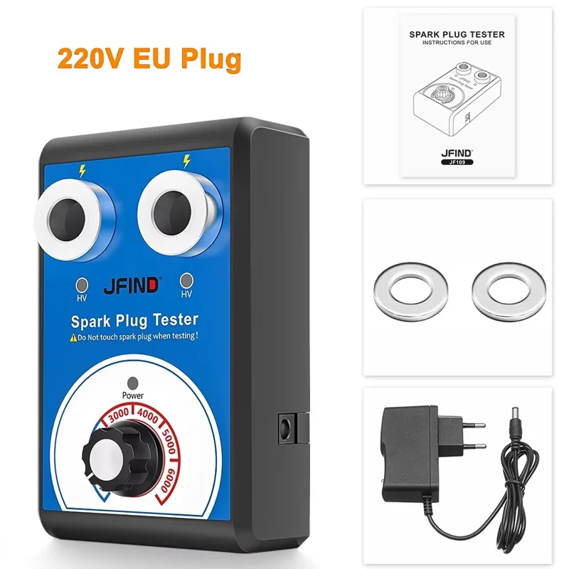 JFIND JF109 13mm Double Hole Spark Plug Tester 110V / 220V to 12V Car Motorcycle Detector Ignition Plug Analyzer - EU Plug
