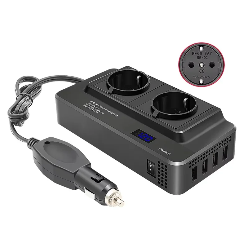 12V to 220V Converter Digital Display 200W Car Power Inverter with Dual EU Sockets and 4 USB Ports