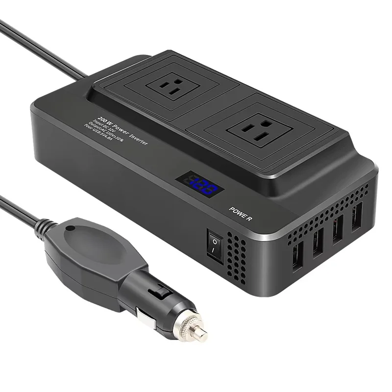 12V to 220V Converter Digital Display 200W Car Power Inverter with Dual EU Sockets and 4 USB Ports