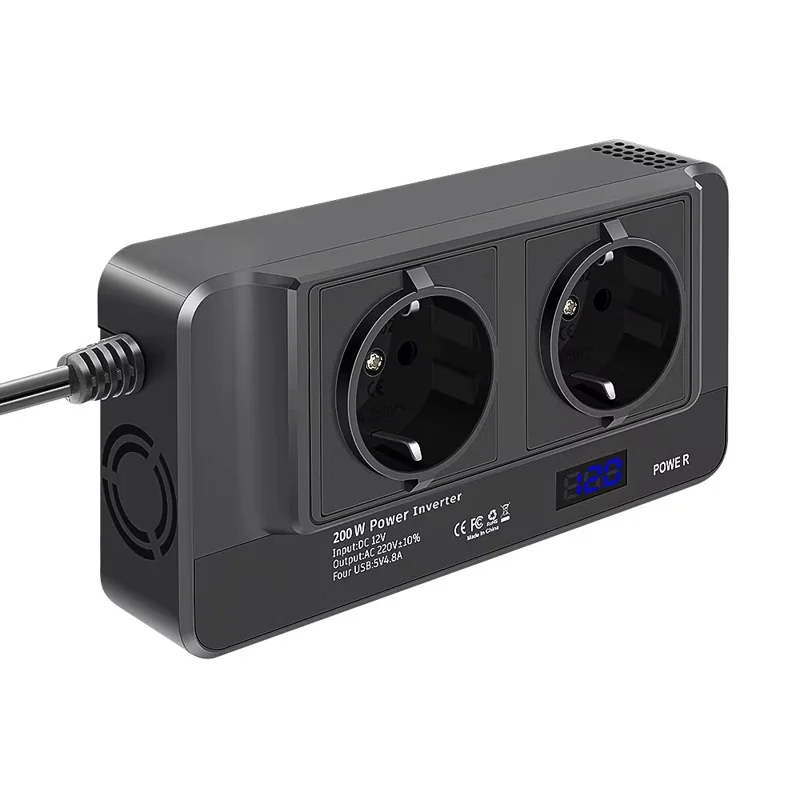 12V to 220V Converter Digital Display 200W Car Power Inverter with Dual EU Sockets and 4 USB Ports