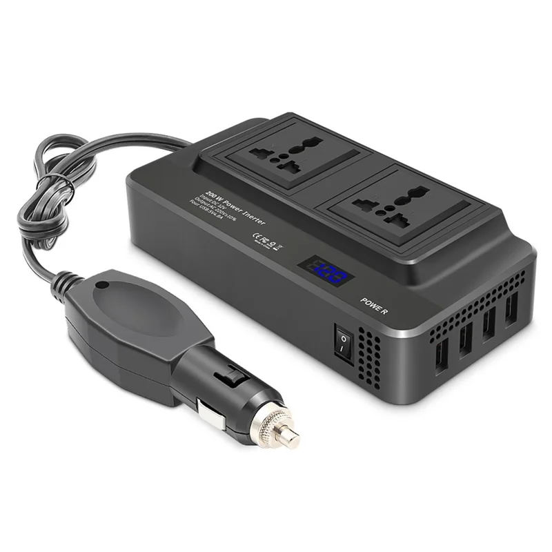 Digital Display Car Power Inverter 12V to 220V Converter Universal Socket Strip with 2 AC Outlets and 4 USB Ports