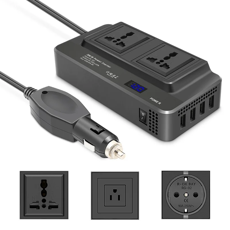 Digital Display Car Power Inverter 12V to 220V Converter Universal Socket Strip with 2 AC Outlets and 4 USB Ports