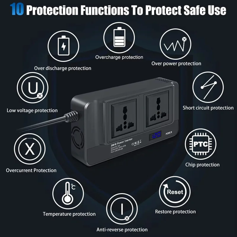 Digital Display Car Power Inverter 12V to 220V Converter Universal Socket Strip with 2 AC Outlets and 4 USB Ports