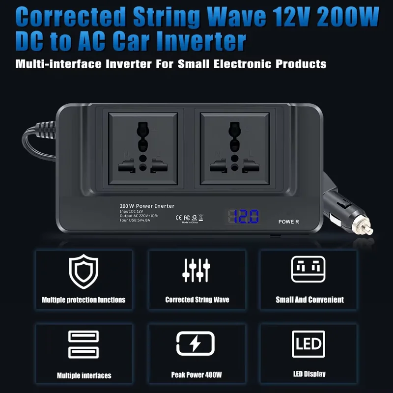 Digital Display Car Power Inverter 12V to 220V Converter Universal Socket Strip with 2 AC Outlets and 4 USB Ports