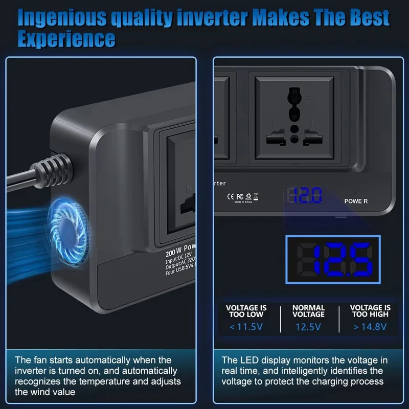 Digital Display Car Power Inverter 12V to 220V Converter Universal Socket Strip with 2 AC Outlets and 4 USB Ports