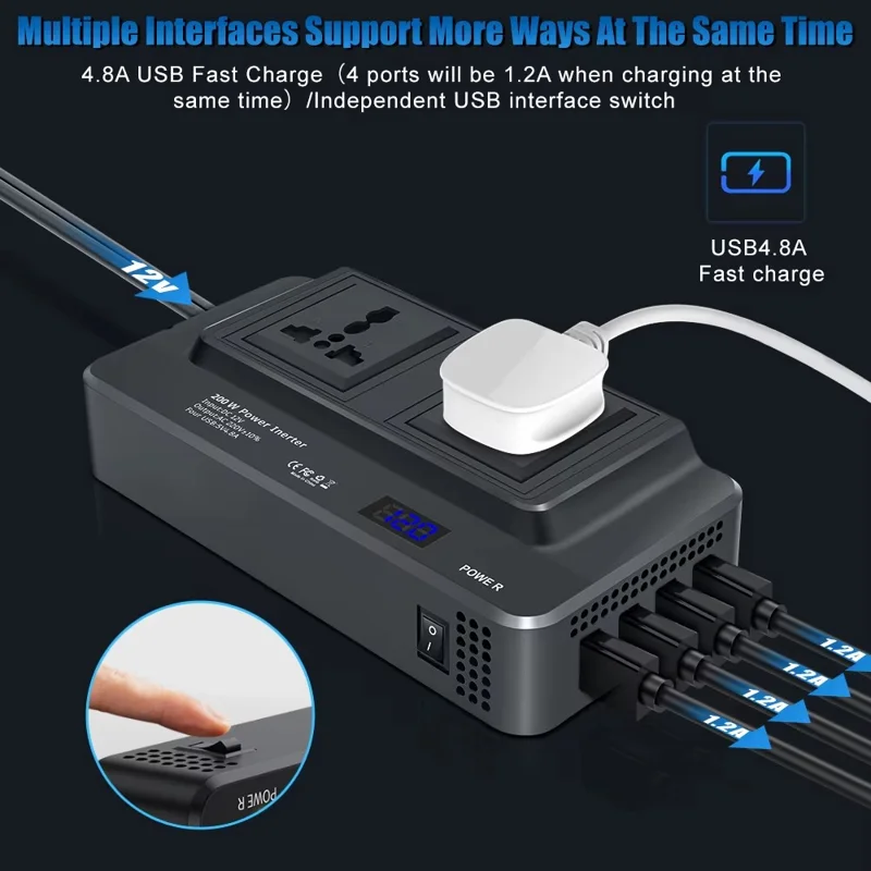 Digital Display Car Power Inverter 12V to 220V Converter Universal Socket Strip with 2 AC Outlets and 4 USB Ports