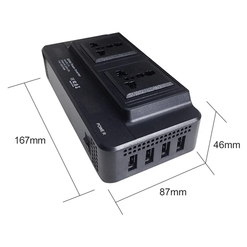 Digital Display Car Power Inverter 12V to 220V Converter Universal Socket Strip with 2 AC Outlets and 4 USB Ports
