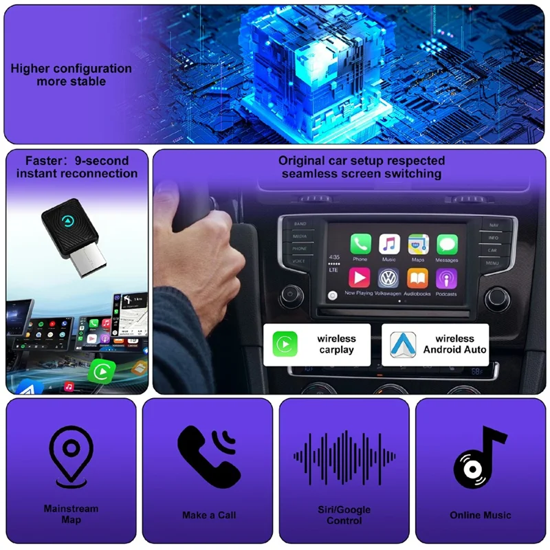 CP025 2 in 1 Wireless CarPlay Android Auto Adapter Wi-Fi 6 5GHz Car Connectivity Module Wired to Wireless Plug Play Car Link Box - Black