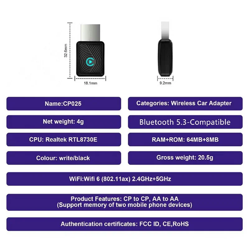 CP025 2 in 1 Wireless CarPlay Android Auto Adapter Wi-Fi 6 5GHz Car Connectivity Module Wired to Wireless Plug Play Car Link Box - Black