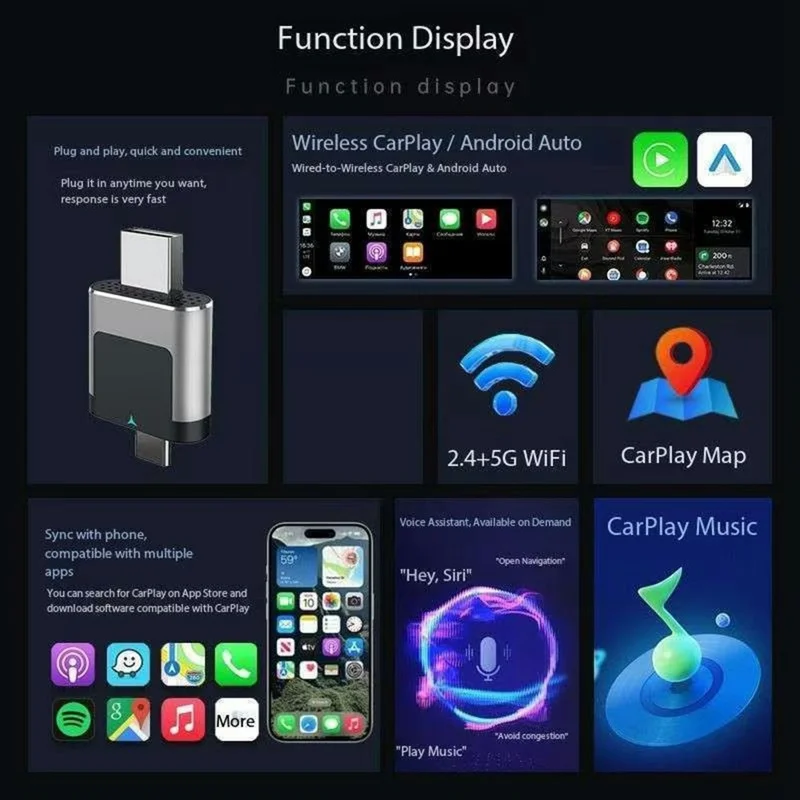 306AC 2 in 1 USB + Type-C Wireless CarPlay Android Auto Adapter for iPhone  /  Android Phones Wired to Wireless Dongle