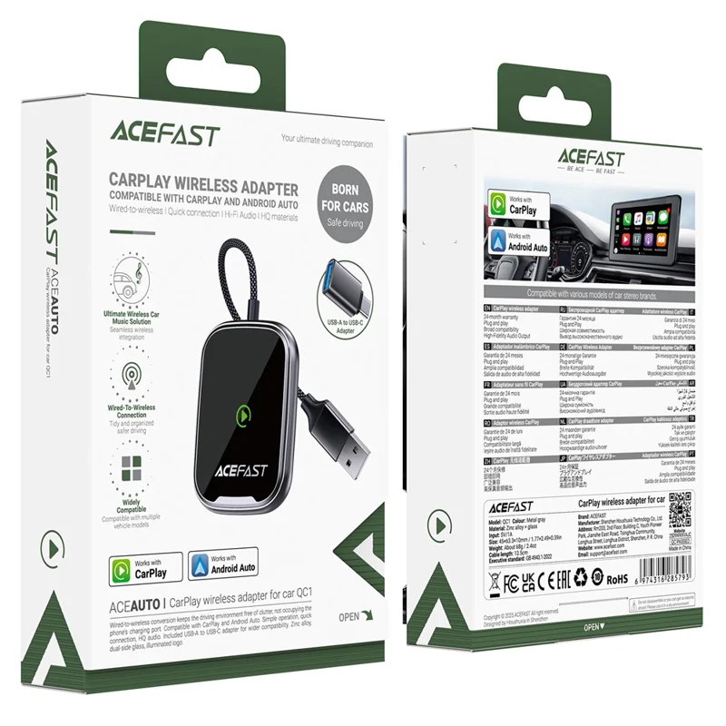 ACEFAST QC1 USB-A CarPlay Wireless Adapter for Apple CarPlay  /  Android Auto Wire to Wireless Converter - Metal Gray