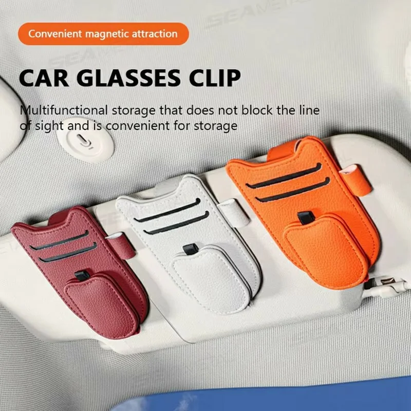Multi-Functional Sunglasses Holder for Car Sun Visor Clip On PU Leather Card Organizer with Pen Loop - Orange