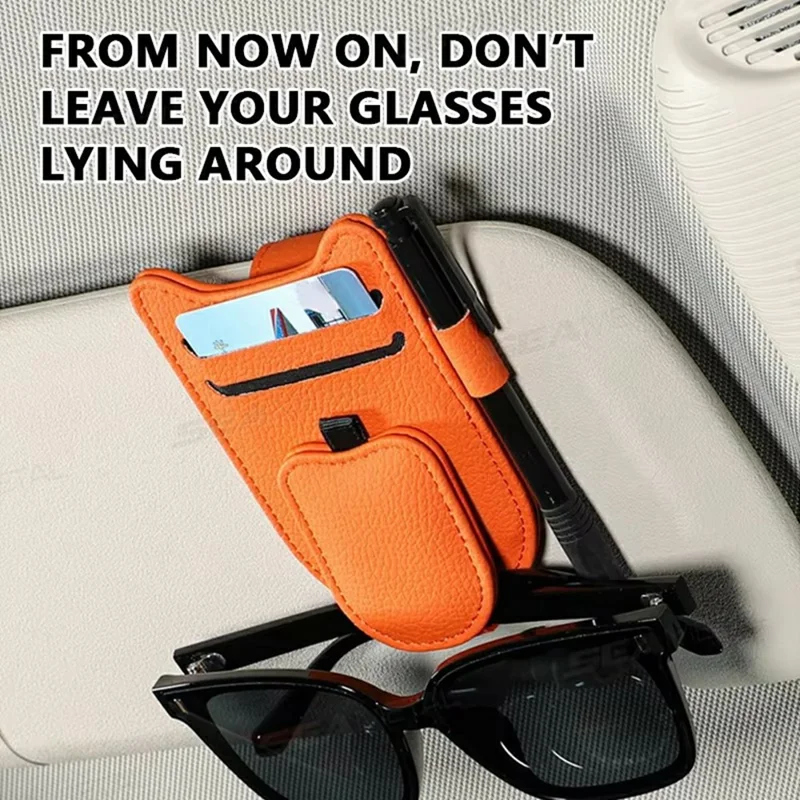 Multi-Functional Sunglasses Holder for Car Sun Visor Clip On PU Leather Card Organizer with Pen Loop - Orange