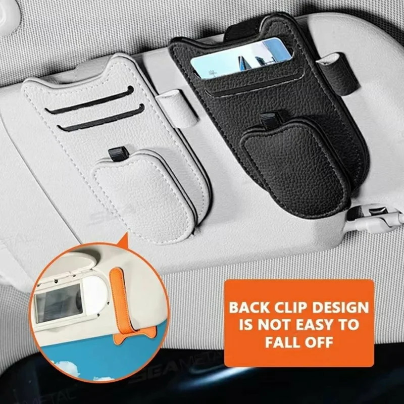 Multi-Functional Sunglasses Holder for Car Sun Visor Clip On PU Leather Card Organizer with Pen Loop - Orange