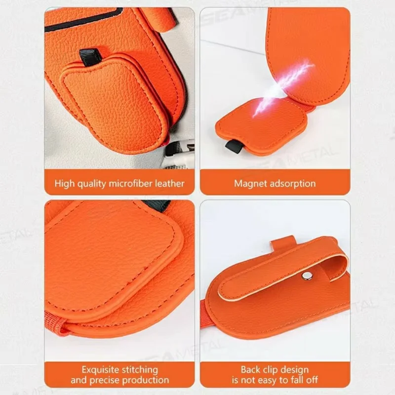 Multi-Functional Sunglasses Holder for Car Sun Visor Clip On PU Leather Card Organizer with Pen Loop - Orange
