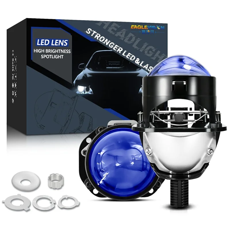 T02 1Pc 2.5 Inch Blue Film Lens Glare Free High Brightness Spotlight High Low Beam Car Headlight