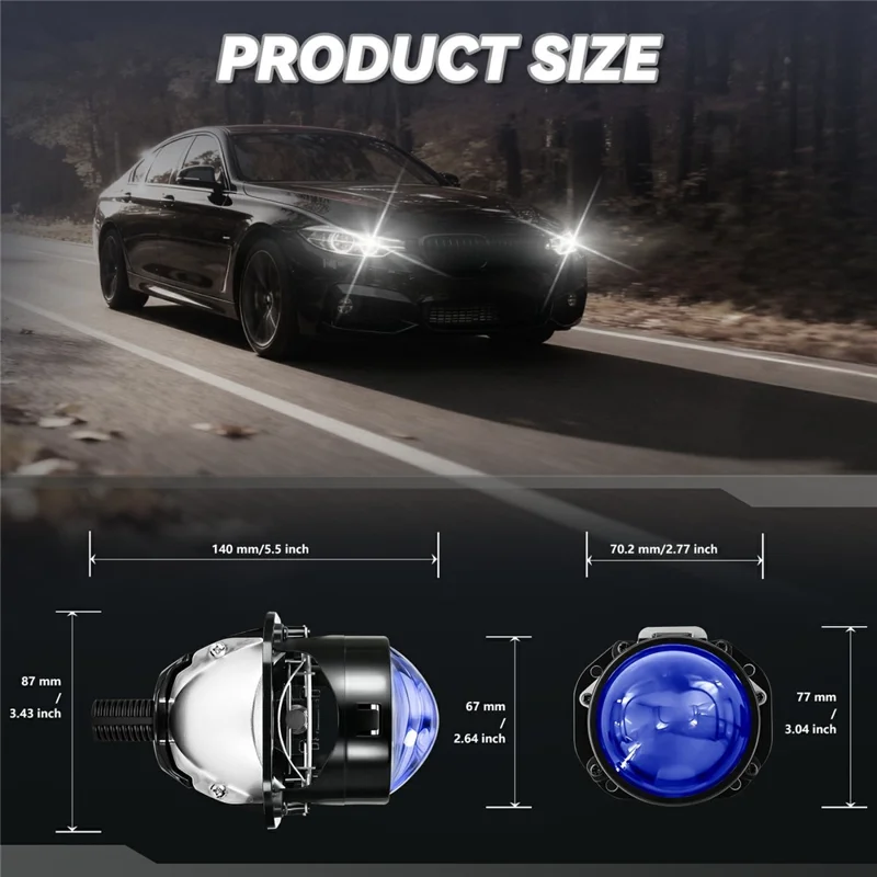 T02 1Pc 2.5 Inch Blue Film Lens Glare Free High Brightness Spotlight High Low Beam Car Headlight