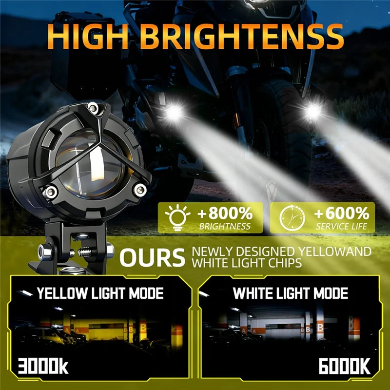 S8 2Pcs 40W High Low Beam Motorcycle Spotlight LED Auxiliary Lights Kit with Wire Harness Switch