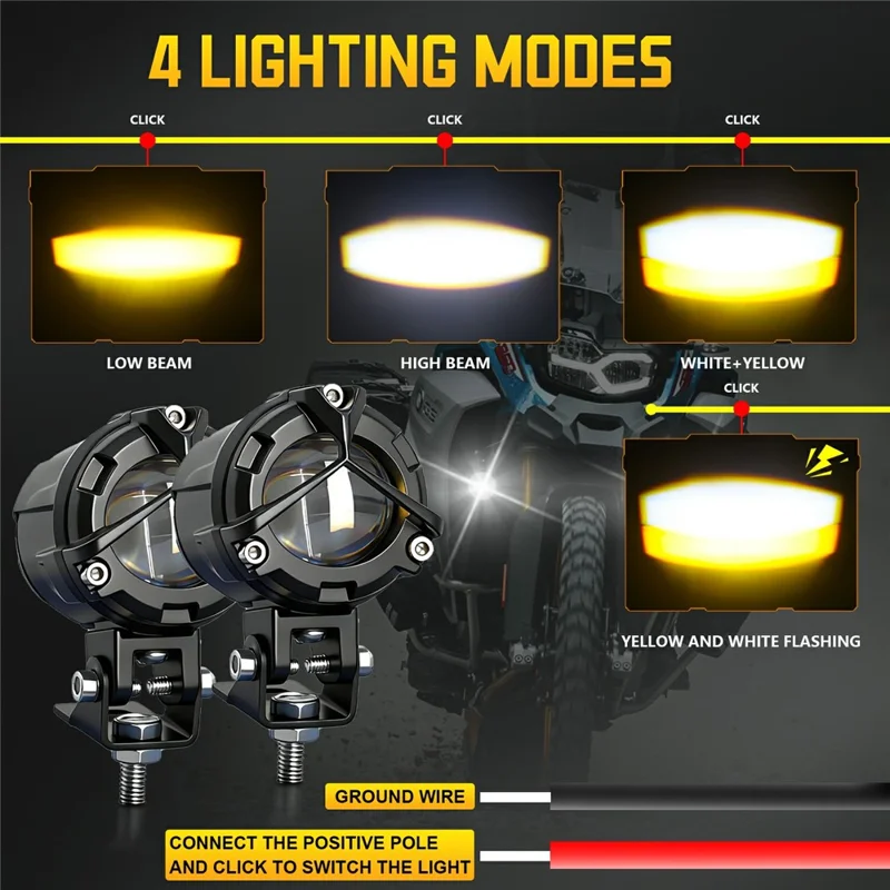 S8 1Pc 20W Motorcycle Spotlight Dual Color Temperature LED Auxiliary Lamp IP68 Waterproof
