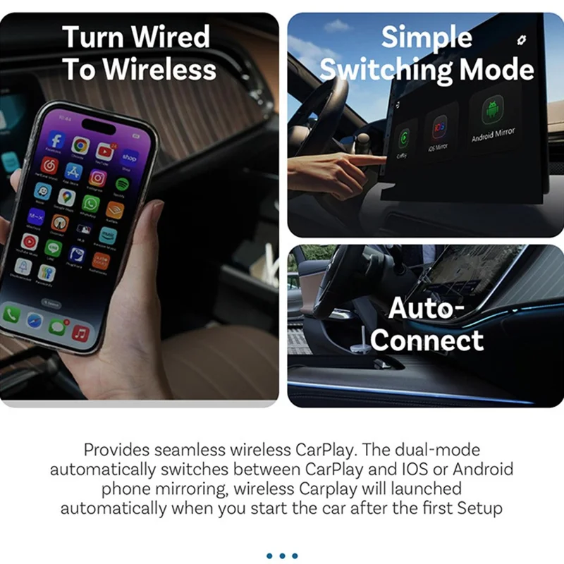 CA450M 2 in 1 Wired to Wireless Car Play Adapter for iOS / Android Screen Mirroring Dual Control