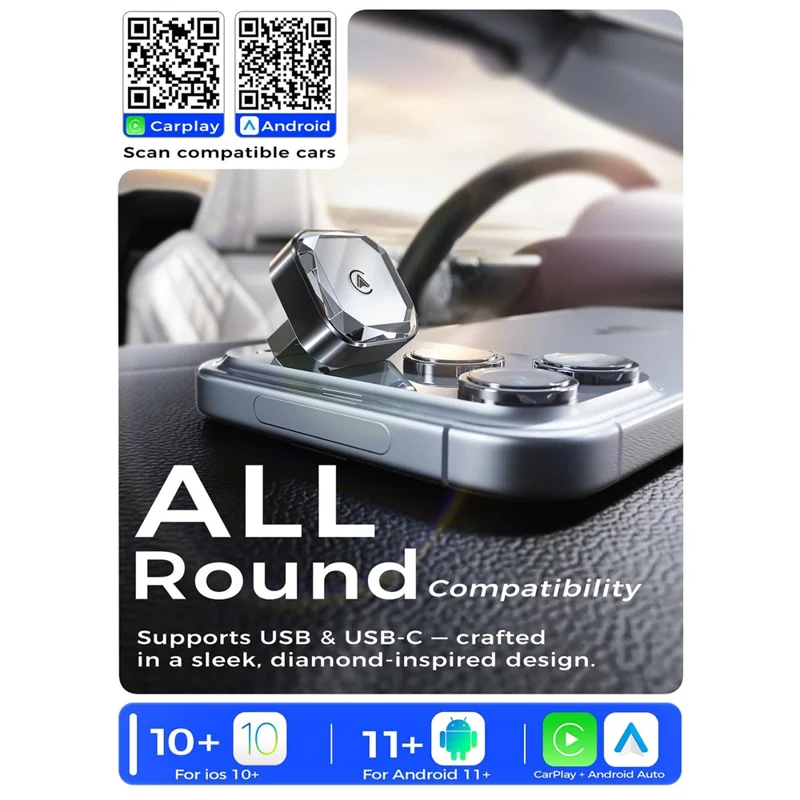 Adaptador inalámbrico Car Play / Android Auto 2 en 1, convertidor de cableado a inalámbrico para vehículos con Car Play / Android Auto integrado