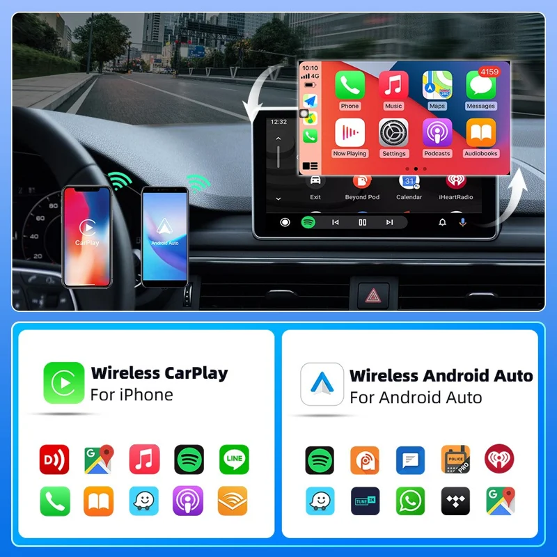 M68 2-in-1 AI-Box Wireless Car Adapter für CarPlay / Android Auto Fahrzeuge, Kabelloser Konverter von Drahtgebunden auf Drahtlos