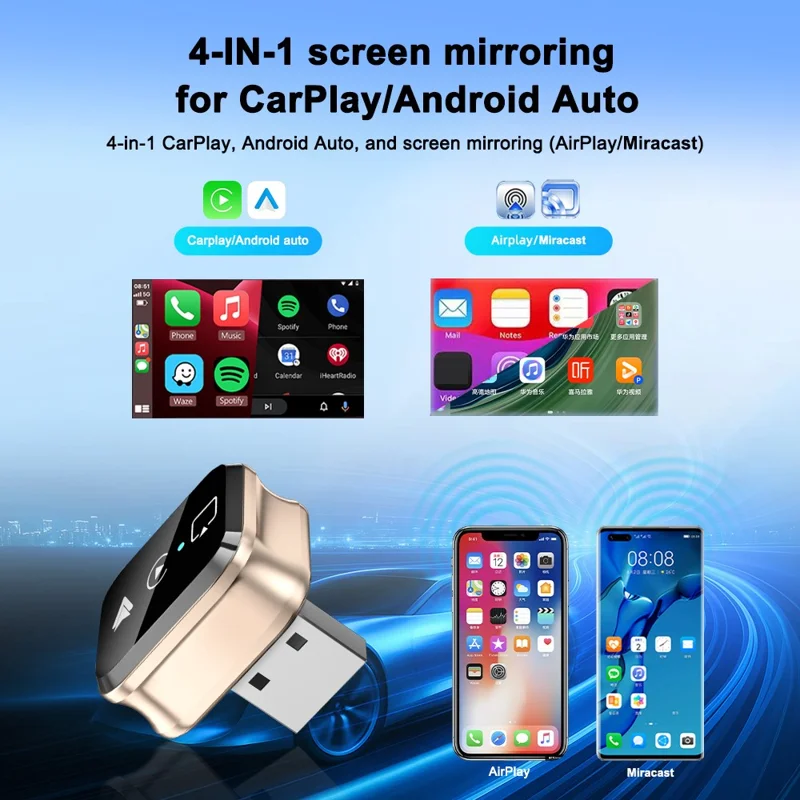 M70 4 в 1 Адаптер для зеркального отображения экрана, преобразователь проводного подключения Car Play и Android Auto в беспроводное, поддержка AirPlay и Miracast