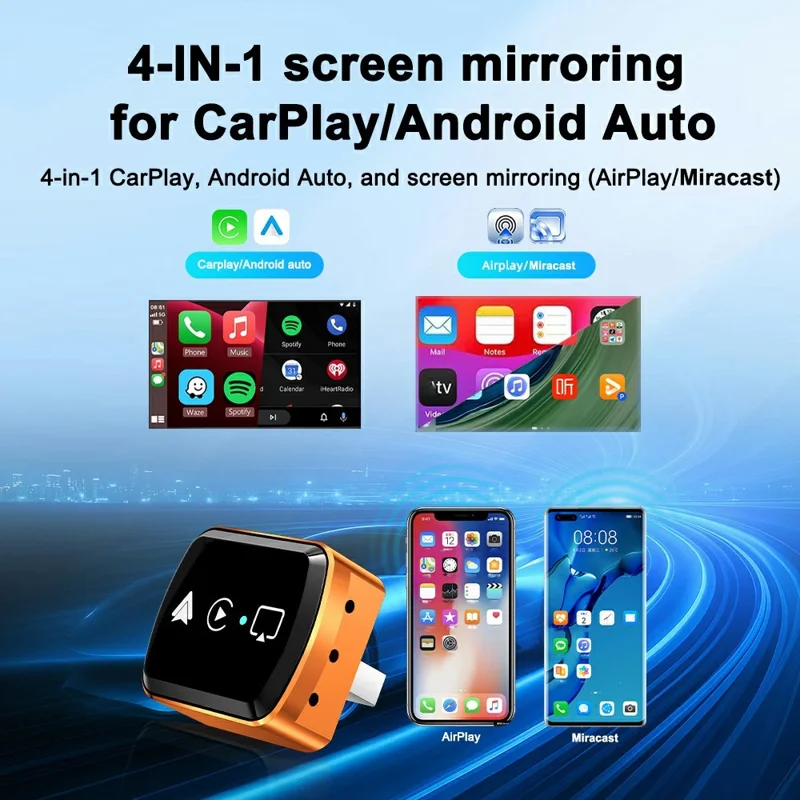 Adaptateur M71 4 en 1 pour la diffusion intelligente d'écran AirPlay / Miracast pour véhicules, convertisseur filaire vers sans fil CarPlay / Android Auto - Orange