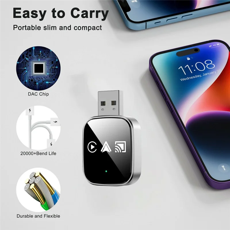 TYS-4222M 3 в 1 Зеркальный беспроводной адаптер для Car Play, преобразователь с проводного на беспроводной для автомобилей с Car Play / Android Auto, поддержка AirPlay — черный