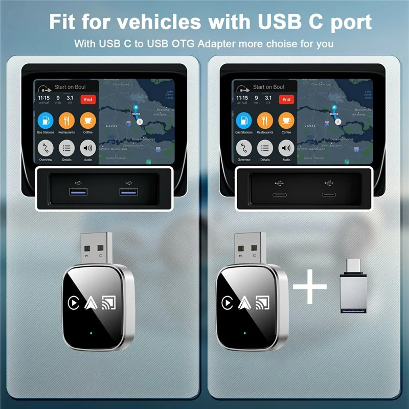 TYS-4222M 3 в 1 Зеркальный беспроводной адаптер для Car Play, преобразователь с проводного на беспроводной для автомобилей с Car Play / Android Auto, поддержка AirPlay — черный