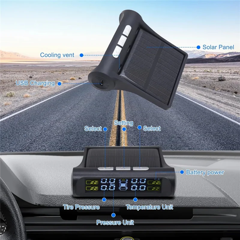T26 Solar Powered TPMS Buzzer Alert Tire Pressure Monitoring System with 4 External Sensors, Basic Version
