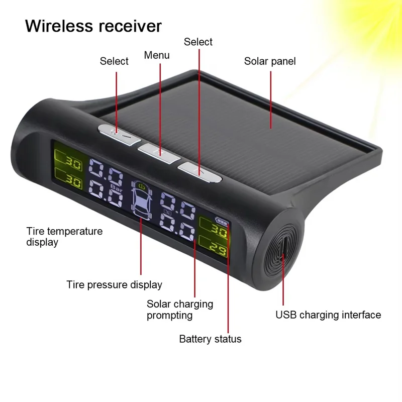 T26 Solar Powered TPMS Buzzer Alert Tire Pressure Monitoring System with 4 External Sensors, Basic Version