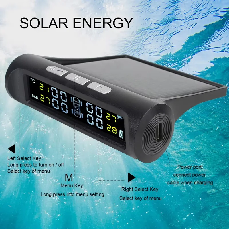 T26 Solar Powered TPMS Buzzer Alert Tire Pressure Monitoring System with 4 External Sensors, Basic Version