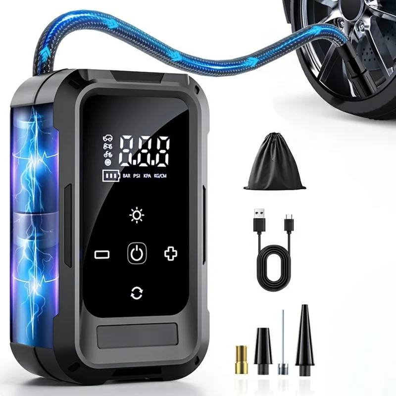 Wireless Car Air Pump Portable Electric Smart Tire Inflator with Digital Display / LED Light for Vehicle / Bicycle / Off-Road - Black