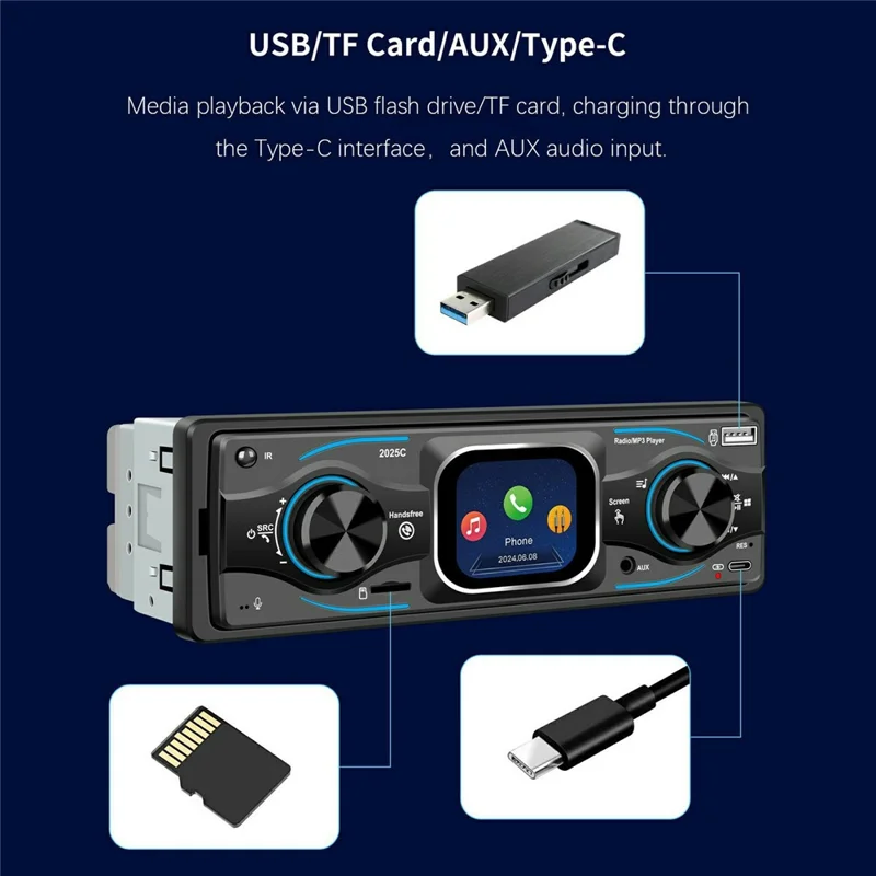 2025C Single DIN Car Stereo MP3 Player with 2.2 Inch Touch Screen Bluetooth-compatible Speaker FM Radio