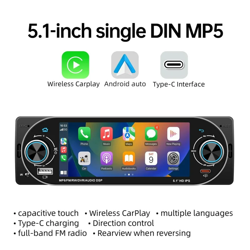 6181W 5.1 Inch HD Screen Single DIN Car Radio MP5 Player Wireless CarPlay Android Auto Bluetooth-compatible FM Radio