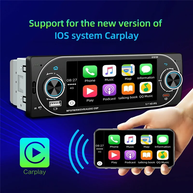 6181W 5.1 Inch HD Screen Single DIN Car Radio MP5 Player Wireless CarPlay Android Auto Bluetooth-compatible FM Radio