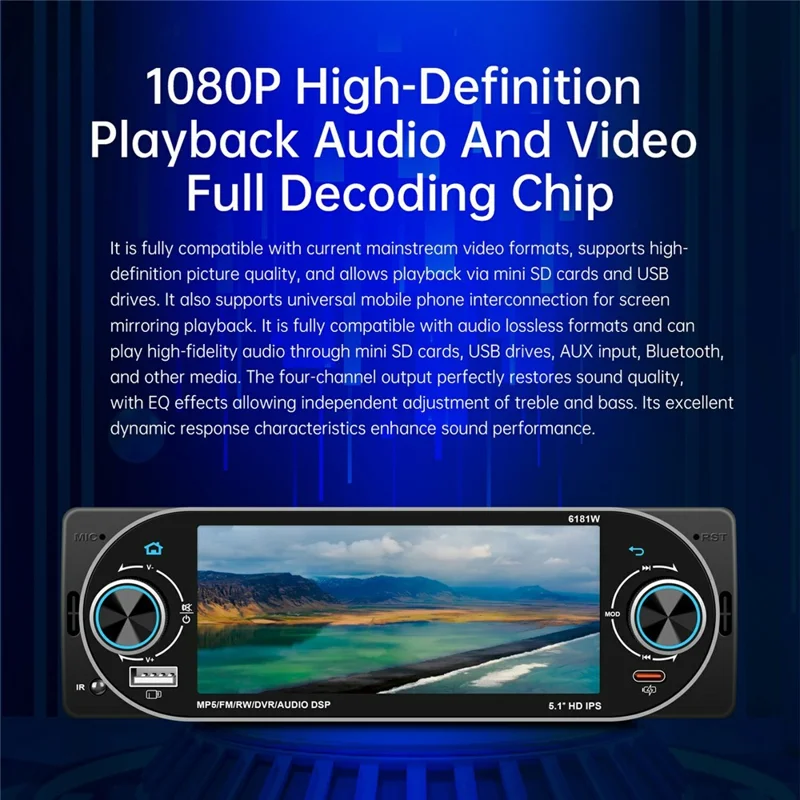 6181W 5.1 Inch HD Screen Single DIN Car Radio MP5 Player Wireless CarPlay Android Auto Bluetooth-compatible FM Radio