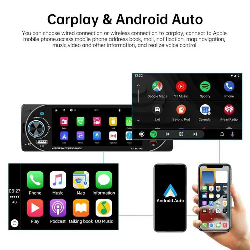 6181W 5.1 Inch HD Screen Single DIN Car Radio MP5 Player Wireless CarPlay Android Auto Bluetooth-compatible FM Radio