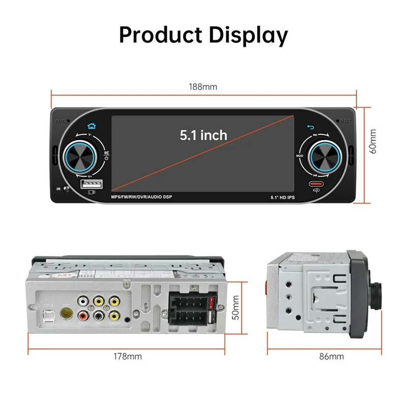6181W 5.1 Inch HD Screen Single DIN Car Radio MP5 Player Wireless CarPlay Android Auto Bluetooth-compatible FM Radio
