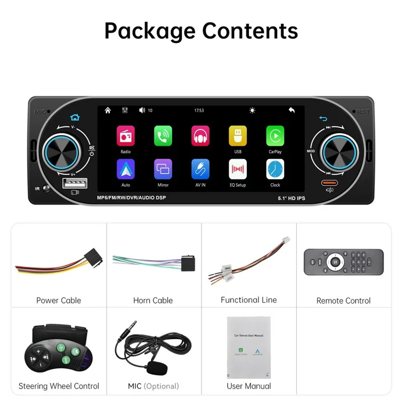 6181W 5.1 Inch HD Screen Single DIN Car Radio MP5 Player Wireless CarPlay Android Auto Bluetooth-compatible FM Radio