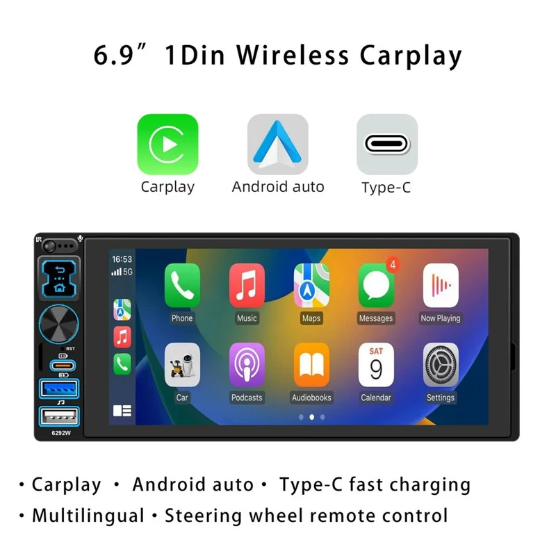 6292W 6.9 Inch Touchscreen Single DIN Car Stereo Radio Bluetooth-compatible Wireless CarPlay Android Auto FM Radio
