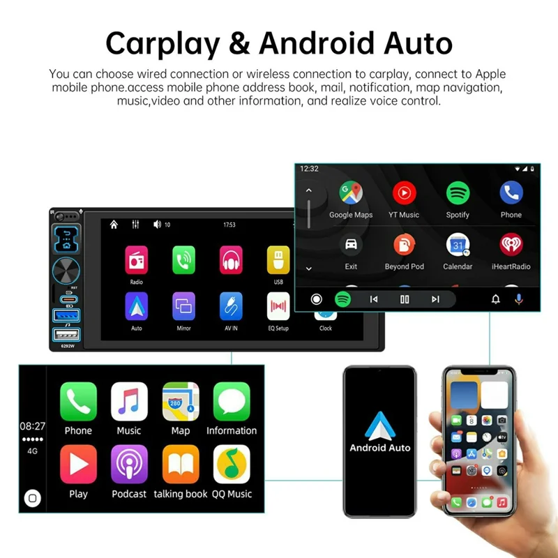 6292W 6.9 Inch Touchscreen Single DIN Car Stereo Radio Bluetooth-compatible Wireless CarPlay Android Auto FM Radio