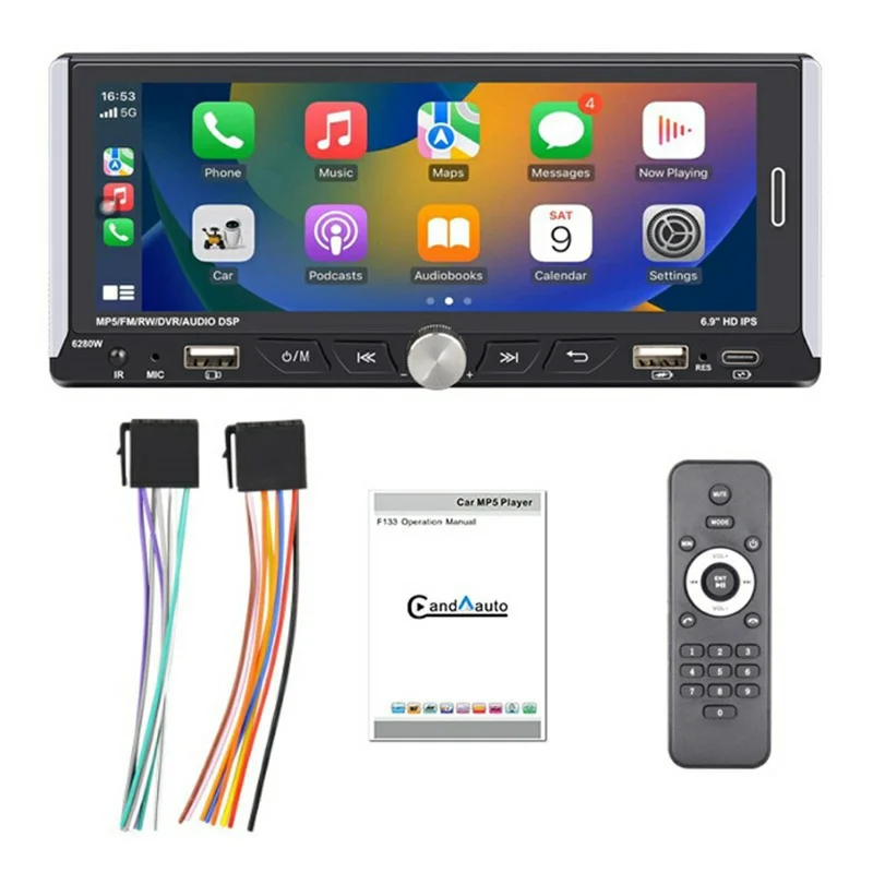 6280W 6.9 Inch Touch Screen Single DIN Car Stereo Receiver Wireless CarPlay Android Auto Bluetooth-compatible Multimedia Player