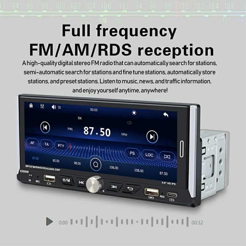 6280W 6.9 Inch Touch Screen Single DIN Car Stereo Receiver Wireless CarPlay Android Auto Bluetooth-compatible Multimedia Player