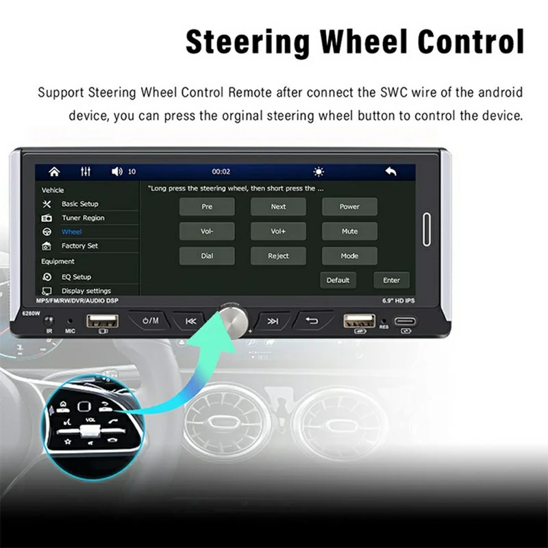 6280W 6.9 Inch Touch Screen Single DIN Car Stereo Receiver Wireless CarPlay Android Auto Bluetooth-compatible Multimedia Player