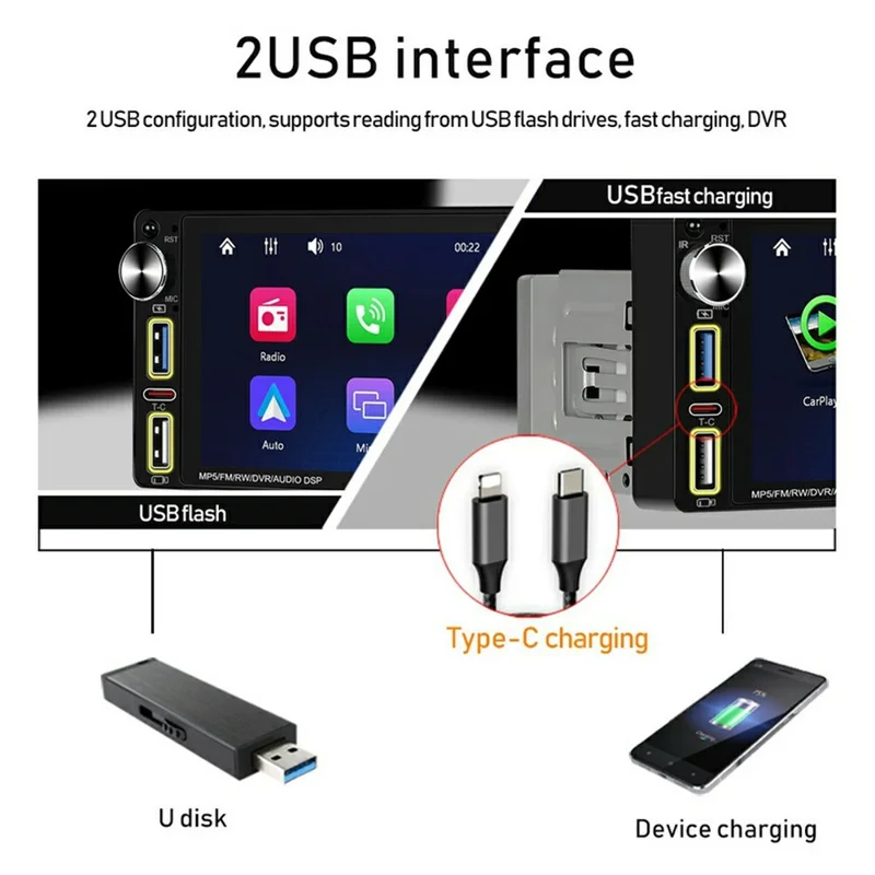 6290W 6.9 Inch Touch Screen Single Din Car Stereo Radio CarPlay Android Auto Bluetooth-compatible MP5 Player