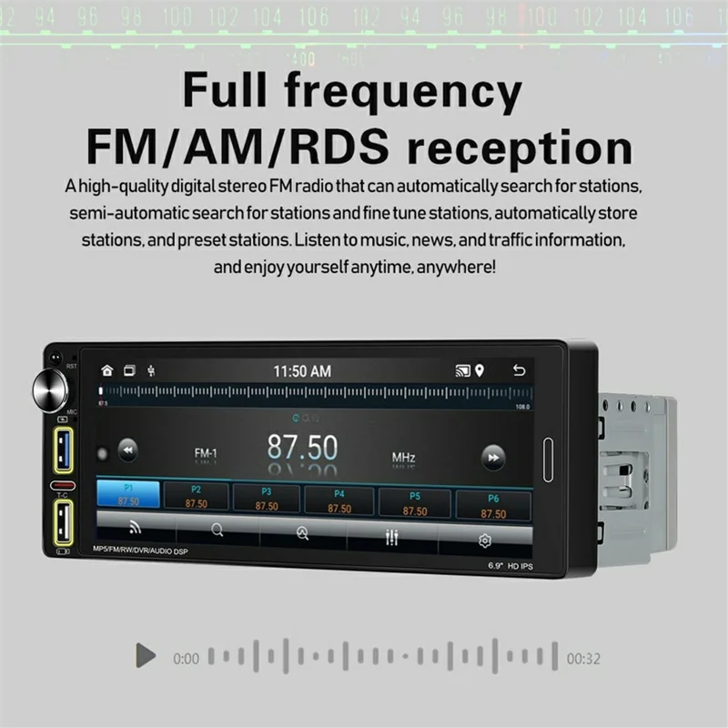 6290W 6.9 Inch Touch Screen Single Din Car Stereo Radio CarPlay Android Auto Bluetooth-compatible MP5 Player