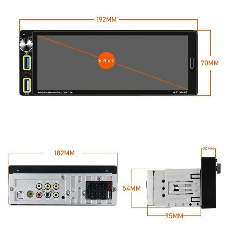 6290W 6.9 Inch Touch Screen Single Din Car Stereo Radio CarPlay Android Auto Bluetooth-compatible MP5 Player